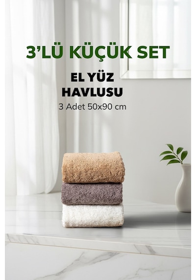 3 Lü Kareli Havlu Takımı Bej Beyaz Fume Kahve Yumuşak Pamuk El Yüz Havlusu 50x90 Cm Renklı