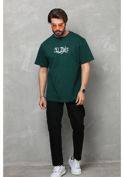 Ertaştrendstore Erkek Kısa Kol Yazlık Tişört Bisiklet Yaka Baskılı Oversize T-shirt - Yeşil Çok Renk