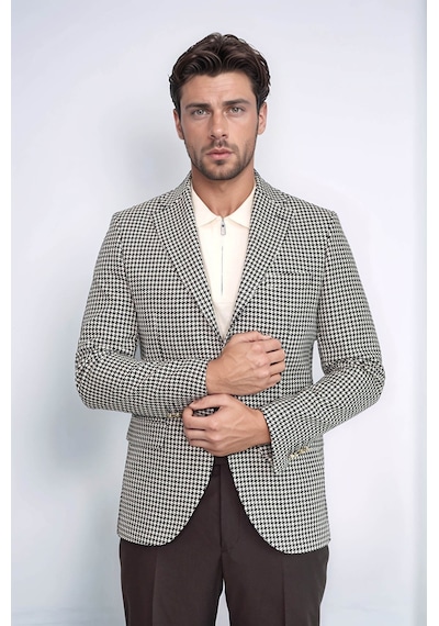 Siyah & Krem Kazayağı Desenli Gold Renk Metal Düğmeli Slim Fit Erkek Blazer Ceket - Wessi Cream Siyah & Krem Kazayağı Desenli Gold Renk Metal Düğmeli Slim Fit Erkek Blazer Ceket - Wessi Cream