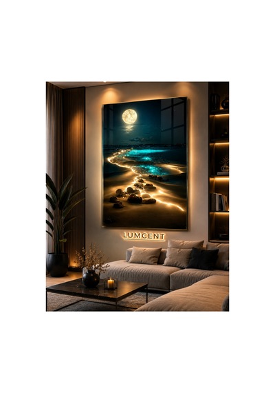 Ay Işığı Sahili Cam Tablo 4 Mm Temperli Cam Üzerine Premium Uv Baskılı Dekoratif Deniz Manzaralı Duvar Tablosu Salon, Yatak Odası Ve Ofis Dekoru