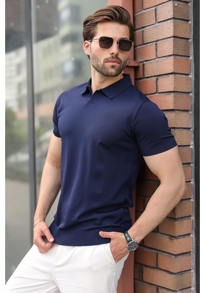 Madmext Lacivert Regular Fit Polo Yaka Triko Erkek Tişört E7502