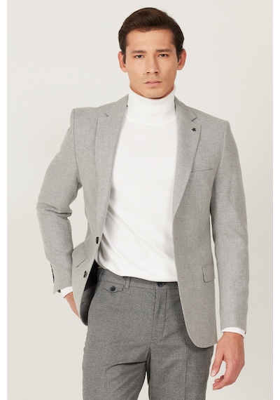 AC&Co / Altınyıldız Classics Erkek Gri Slim Fit Dar Kesim Mono Yaka Desenli Yünlü Ceket Gri