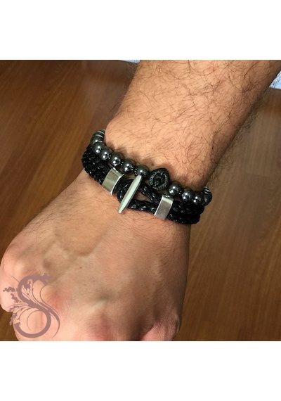 Hematit Doğal Taş ve Deri Erkek Bileklik Bk030 Çok Renkli