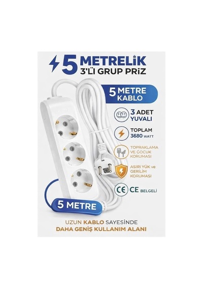 3 Lü Topraklı Uzatma Prizi, Metre Kablo Beyaz Schuko Fişli Çoklu Priz Ev Ve Ofis Kullanımı İçin Uygun Dayanıklı Gövde Masa Altı Ve Duvar Tipi Elektrik Prizi 5 Metre Diğer