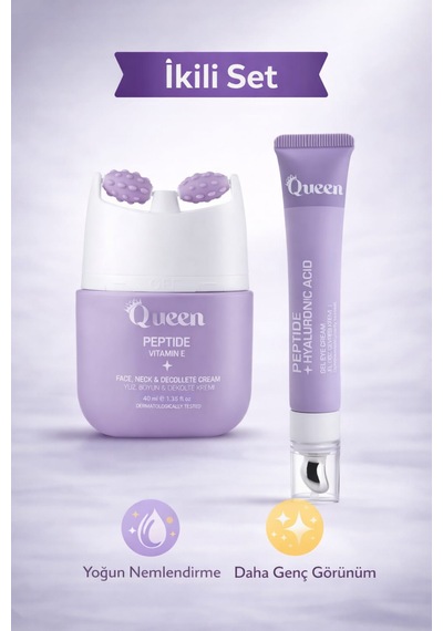 Queen İkili Cilt Bakım Seti Peptide Vitamin E Yüz Kremi + Peptide & Hyaluronik Asit Göz Altı Serumu Nemlendirici, Anti-aging &
