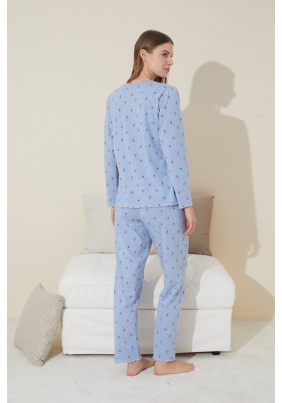 Siyah İnci Pamuklu Örme Pijama Takım 24240117 mavi