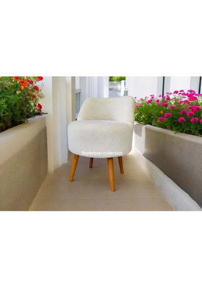 Rufmye , Sırtlı Mini Berjer, Kırık Beyaz, Dekoratif Puf, Puf Bench Makyaj Pufu, Kırık Beyaz