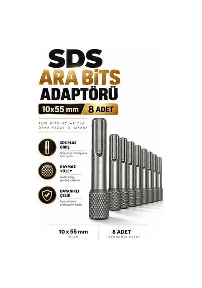 Sds Plus 8 Adet 10x55 Mm Ara Bits Adaptörü Matkap Uç Dönüştürücü
