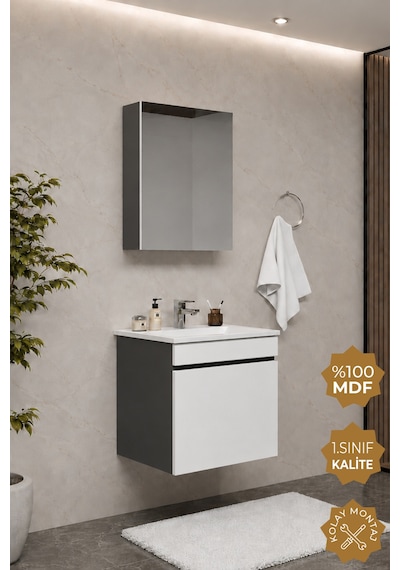 Teta Home Tokyo 55 Cm Mdf Banyo Dolabı Seti Antrasit - Beyaz