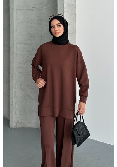 Feela Moda Kadın Modal Penye Oversize Tesettür Tunik Takım 2020 Kahverengi