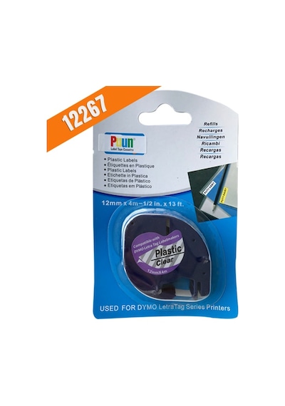 Puun Dymo Letratag 12267 Plastik Şeffaf Etikete Siyah  12MM x 4m