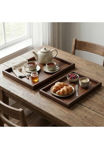 2&apos Li Ekonomik Ahşap Bambu Tepsi Seti - Çay Kahve Sunum Ve Dekoratif Düzenleyici Tepsi 20x30 Cm & 35x25 Cm - Doğal Ve Kahve Renk Seçenekli Kahve Ceviz 15cm