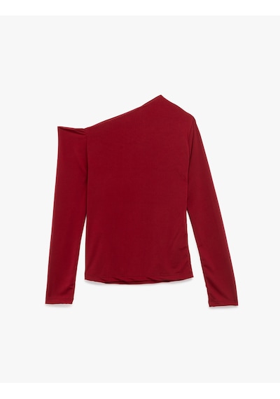 Koton Slim Fit Drape Detaylı Uzun Kollu Asimetrik Tek Omuz Tişört Bordo 6wak80016ek Bordo