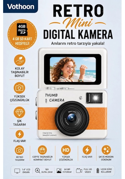 Mep Retro Mini Dijital Kamera 1080p 1.47 İnç Flip Ekranlı Flaşlı Selfie Vlog Kamerası 4gb Sd Hediyeli Turuncu Najm