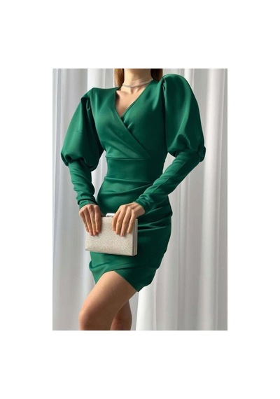 Store V Yaka Mini Elbise Kollu Balon Zümrüt - 935902433 Zümrüt