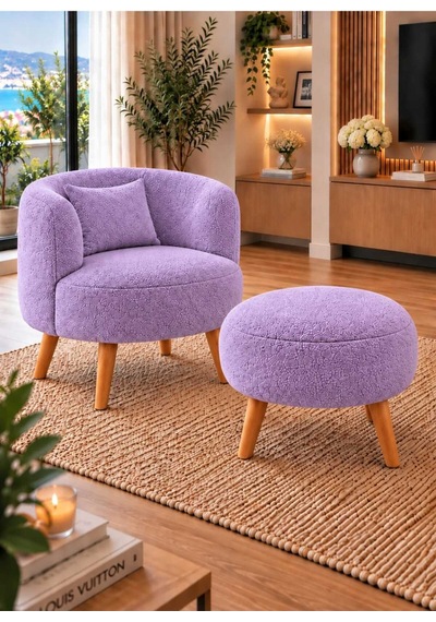 Focus Teddy Kumaş Berjer Puf Hediyeli, Ahşap Ayaklı Dekoratif Tekli Koltuk Lila Lila