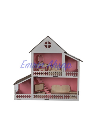 2 Katlı Pembe Ahşap Eşyalı Çocuk Oyun Evi Seti
