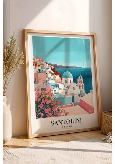Santorini Greece Vintage Seyahat Posteri Çerçeveli Tablo - Premium Ege Denizi Elit Duvar Dekoru Kayın
