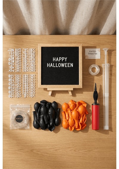 Cadılar Bayramı Halloween Süsleme Deluxe Set Siyah Keçe Yazı Panosu Standlı Pompa Balon Zincirli 7 Li Şeffaf Balon Standlı 3+