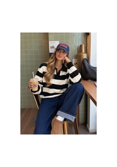 Nilza New York Kadın Siyan Çizgili Oversize Polo Yaka Triko Kazak Siyah