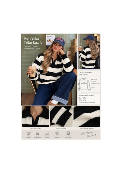 Nilza New York Kadın Siyan Çizgili Oversize Polo Yaka Triko Kazak Siyah