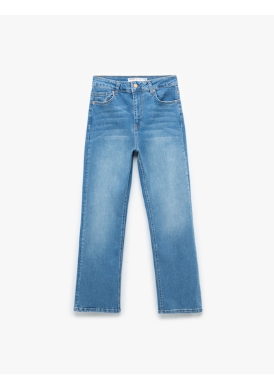 Koton Yüksek Bel Kısa İspanyol Paça Jean Pantolon - Flare Jeans Orta İndigo 5sal40303md