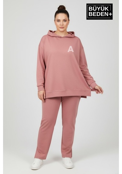 Süperlife Büyük Beden Kapşonlu A Baskılı Tunik İnce Sweatshırt Spr26btk991-3 Rose