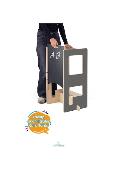 Flip Gri 3'ü 1 Arada Öğrenme Kulesi & Aktivite Masası & Yazı Tahtası Gri