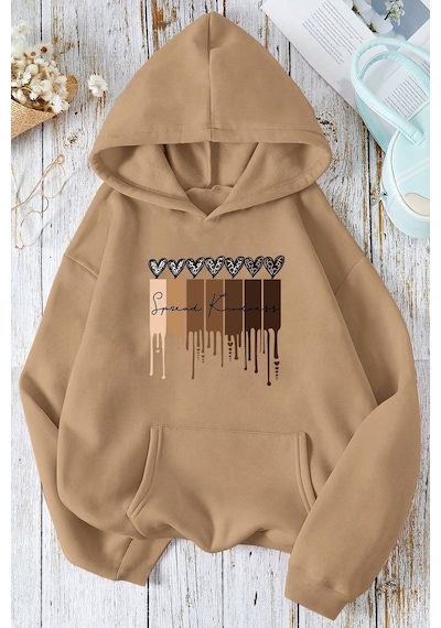 Uyguntarz Leopar Kalp Baskılı Oversize Sweatshirt Bej