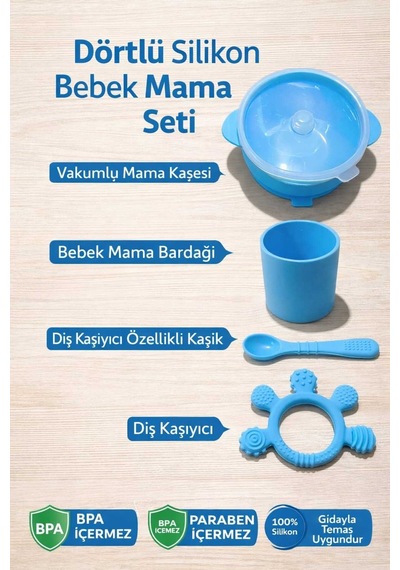 4lü Silikon Mama Seti- Vakumlu Mama Kasesi Kaşığı Bardak Ve Diş Kaşıyıcı Set