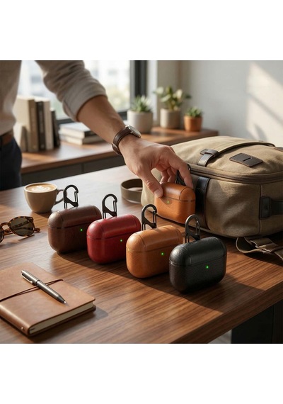 Caseonn Apple Airpods Uyumlu 5 Kılıf Kancalı Lüks Deri Görünümlü Koyu Kahverengi