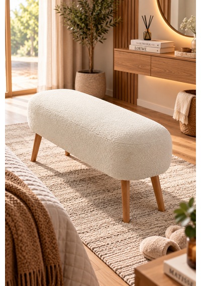 Lona Bukle Kumaş Modern Bench Puf Çok Amaçlı Yatak Ucu Ve Antre Bankı Beyaz