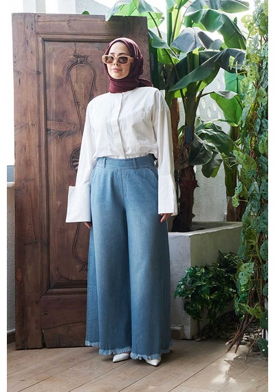 1153-denim Püsküllü Pantolon Etek Açık Mavi Açık Mavi