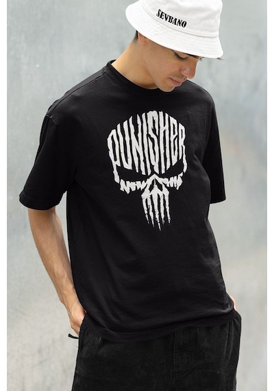 The Punisher Baskılı Özel Tasarım Unisex Tişört, Oversize Marvel Siyah