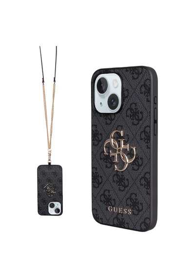 Apple Uyumlu iPhone 15 Plus Kılıf Guess Lisanslı Pu 4g Büyük Metal Logolu Çapraz Vücut Askılı Kapak Siyah Siyah