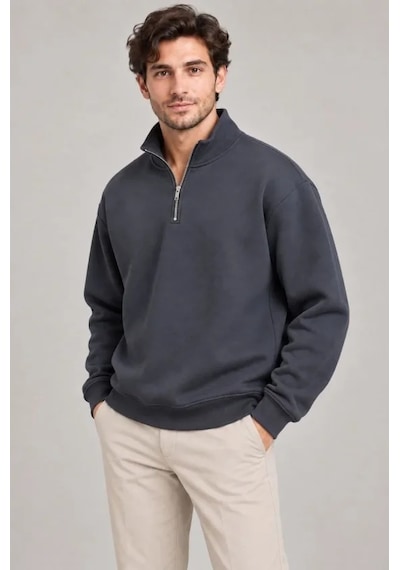 Suma Erkek Füme Dik Yaka Yarım Fermuarlı Şardonlu Kışlık Sweatshirt