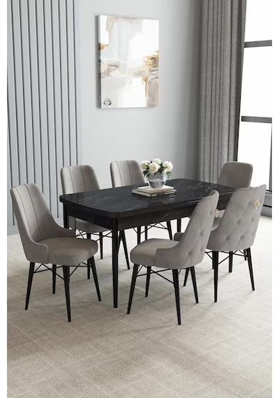 Loft Siyah Mermer 80x132 Açılabilir Mdf Masa Yemek Odası Takımı, Mutfak Takımı 6 Sandalye Gri Loft Siyah Mermer 80x132 Açılabilir Mdf Masa Yemek Odası Takımı, Mutfak Takımı 6 Sandalye Gri