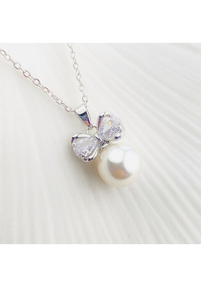 Kadın Kolye Fiyonk İncili Kolye Zirkon Taşlı Silver 45cm Gümüş