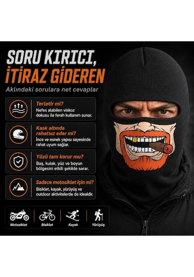 Womanandkids Wak Unisex Sakallı Puro Baskılı Balaklava 1 Adet Tek Beden Viskoz Kask İçi Outdoor Maske Siyah