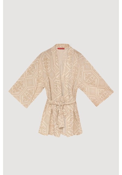 Etnik Desenli Bağlamalı Kısa Kimono Naturel Altın - Siyah