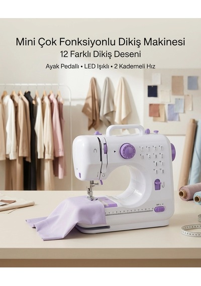 12 Farklı Dikiş Desenli Mini Dikiş Makinesi Ayak Pedallı Led Işıklı Ev Tipi Kullanım Çok Renkli
