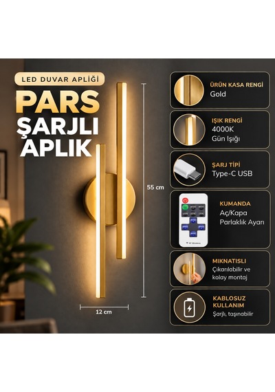 Pars Şarjlı Modern Led Duvar Apliği Günışığı Taşınabilir Usb Gün Işığı