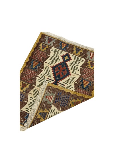 El Dokuma Uşak Kilimi 94x123 Krem Kahve Kök Boya %100 Yün Kilim