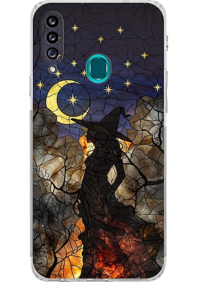 Printify Samsung Galaxy A20s İle Uyumlu Vitray Cadı Saati Tasarımlı Şeffaf Silikon Kılıf Şeffaf