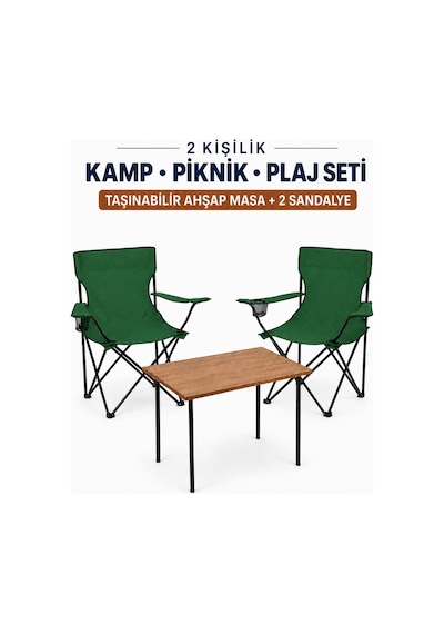 2 Sandalyeli Katlanır Kamp Masa Sandalye Seti 60x45 Cm 3 Parça Açık Yeşil