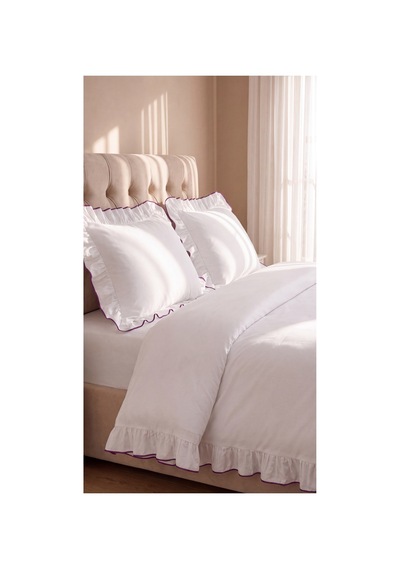 %100 Pamuk Overloklu Fırfırlı Çift Kişilik Nevresim Takımı Lastikli Çarşaflı 200x220 Cm Mor - 904804703 Mor