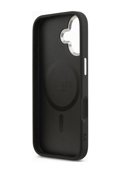 Apple Uyumlu iPhone 17 Kılıf Guess Lisanslı M-safeli Pu Deri Metal Kamera Çerçeveli Üçgen Logolu Siyah Siyah