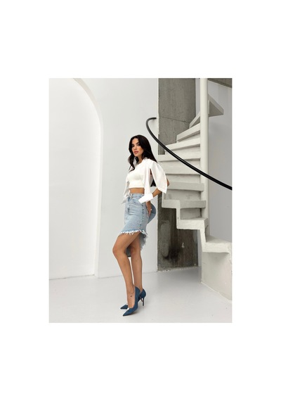 Kene Jeans Kadın Etek Püsküllü Asimetrik Kot Etek Mavi