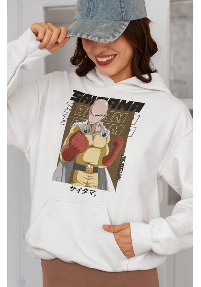 Sevbano Saitama One Punch Man Baskılı Unisex Oversize Anime Karakter Hood beyaz