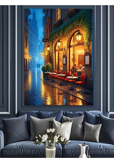Ahşap Tablo Yağmurlu Sokak Kafe Işıkları